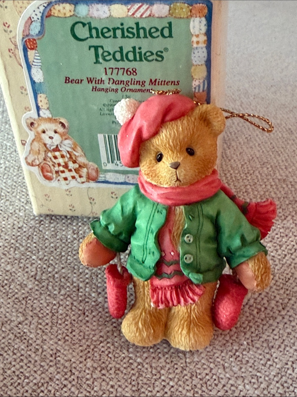 Cherished Teddies Bear Ornament in Green Jacket with Pink Hat & Scarf With Mitte